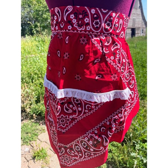 Vintage Red Bandanna Half Apron Western Farmhouse - Picture 9 of 12